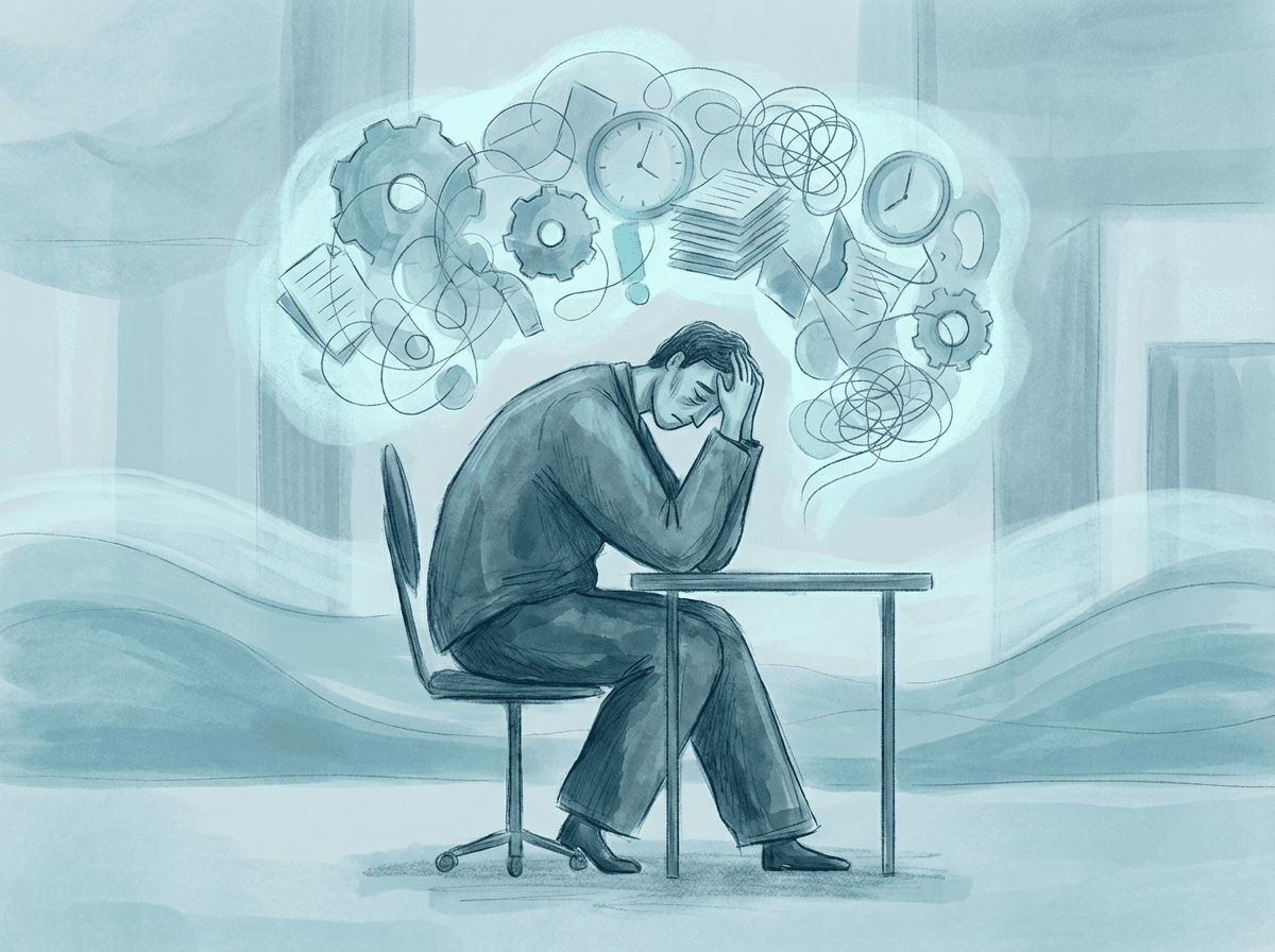 Pessoa em estado de exaustão com símbolos de sobrecarga mental