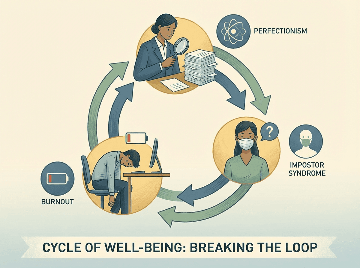 Ilustracao do ciclo vicioso entre perfeccionismo, sindrome do impostor e burnout