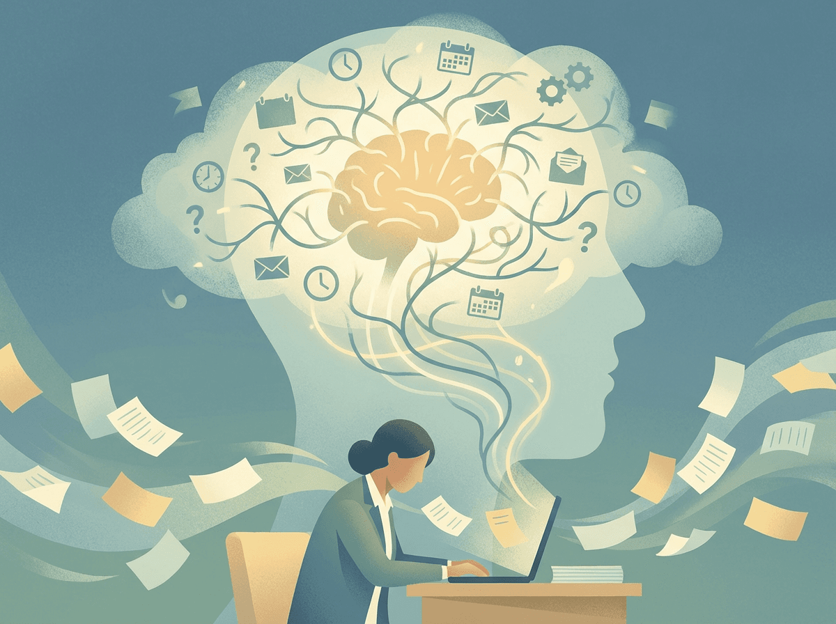Ilustracao de cerebro sobrecarregado com multiplas demandas e pensamentos simultaneos