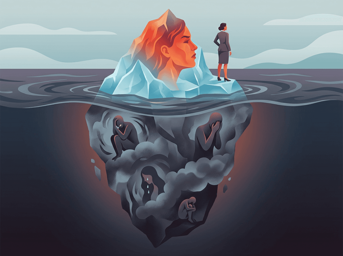 Iceberg da Raiva: a raiva visível na superfície esconde emoções mais profundas como medo, vergonha, tristeza e impotência