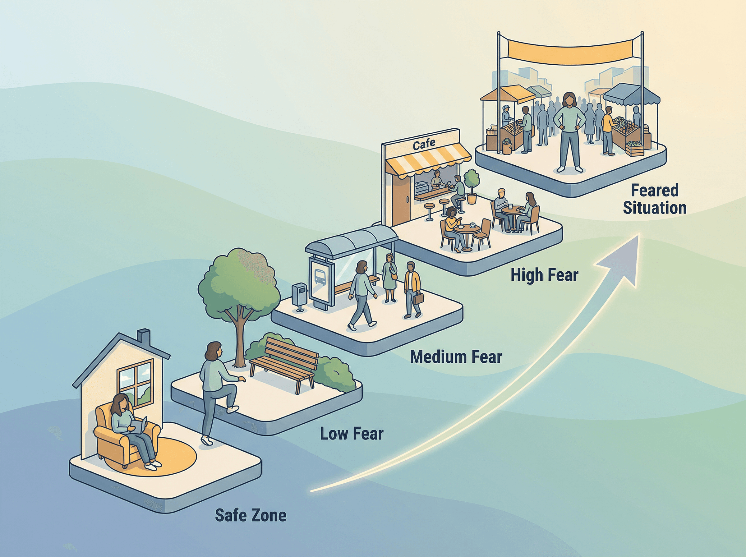 A exposição gradual constrói confiança passo a passo, do mais fácil ao mais difícil