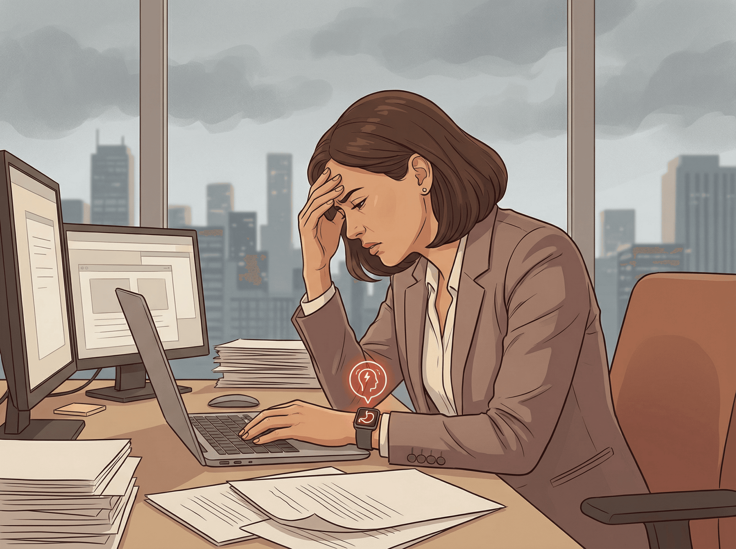 Executiva ignorando sinais de saúde enquanto foca no trabalho