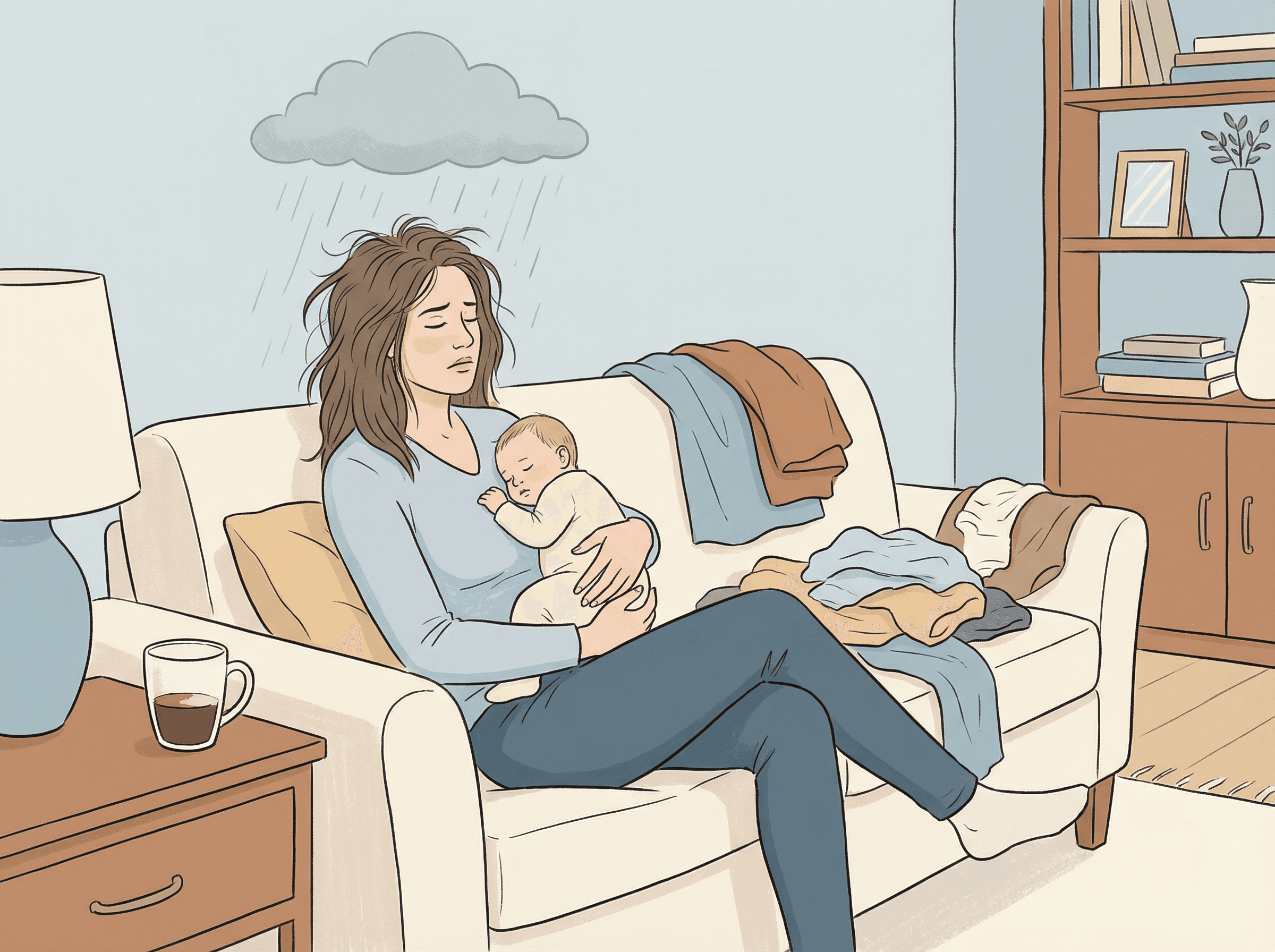 Mãe experimentando luta emocional no pós-parto