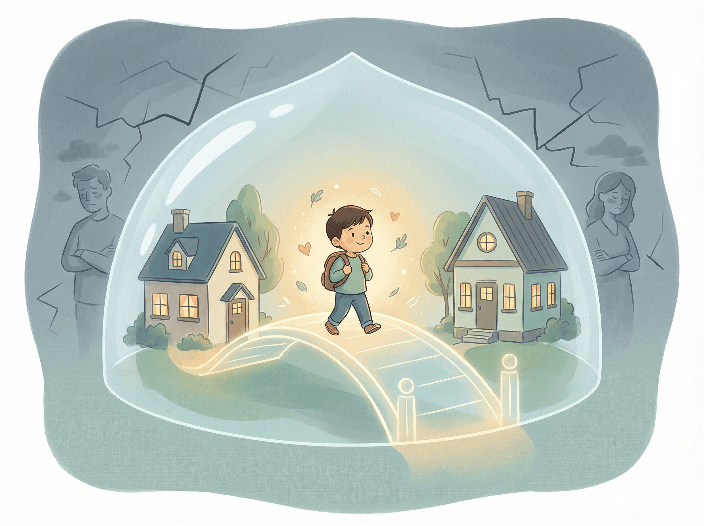 Criança segura entre duas casas